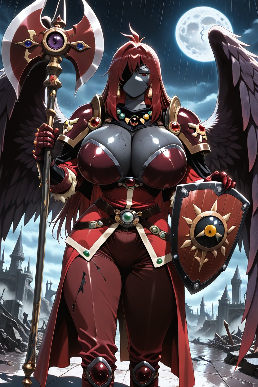 "arueshalae From Pathfinder Wrath Of The Righteous", Holding Huge Dark Red Shield, Dark Red Arm Armor Porno ebony IA