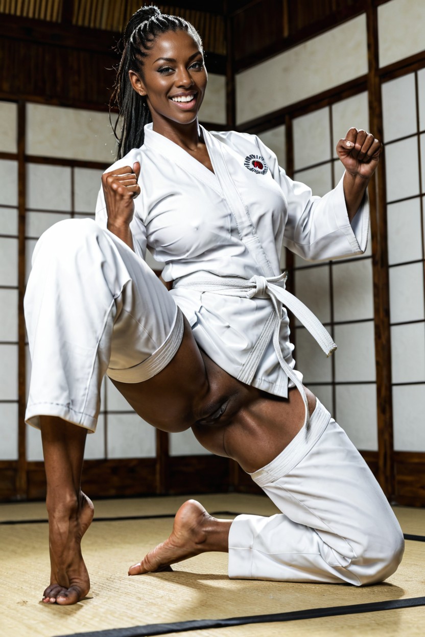 Side View, Martial Arts, Karate Uniform With The Front Open Ebony AI Porn