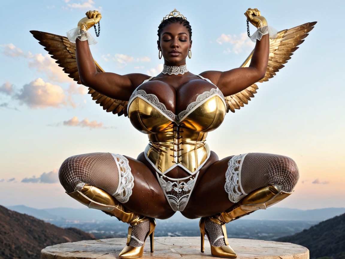Wide Hips, Seraph Wings, Thigh High Golden Armor Boots Ebony AI Porn