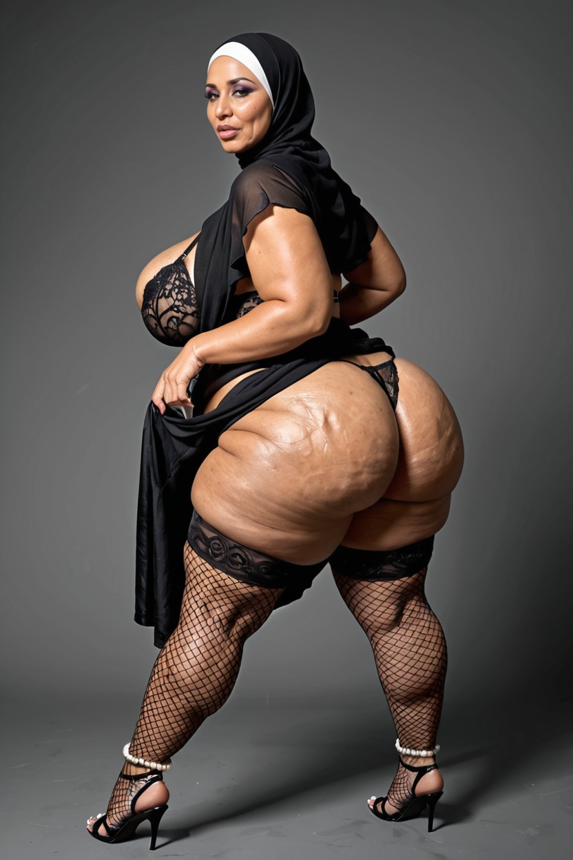 Lingerie, Black Fishnet, Side View Ebony AI Porn