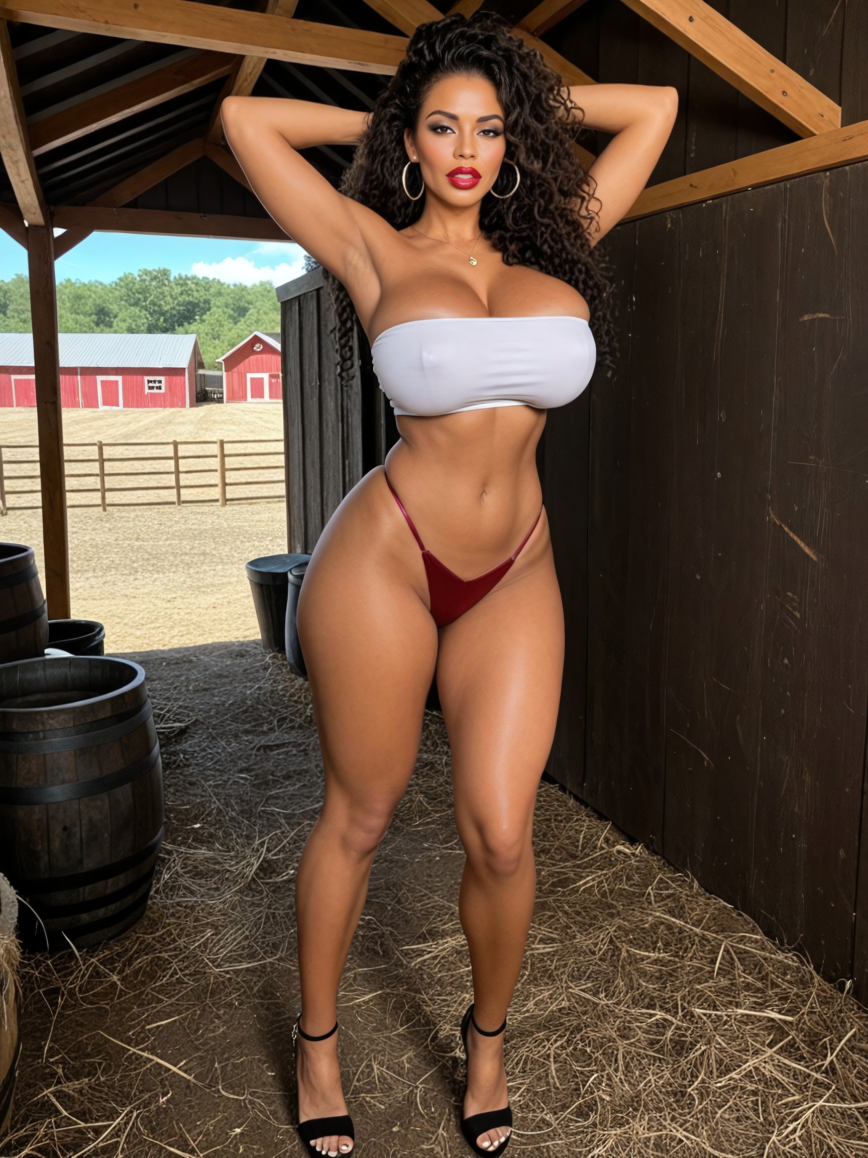 Voluptuous Body, Bras Derrière La Tête, Erect Nipples Porno IA Ebony