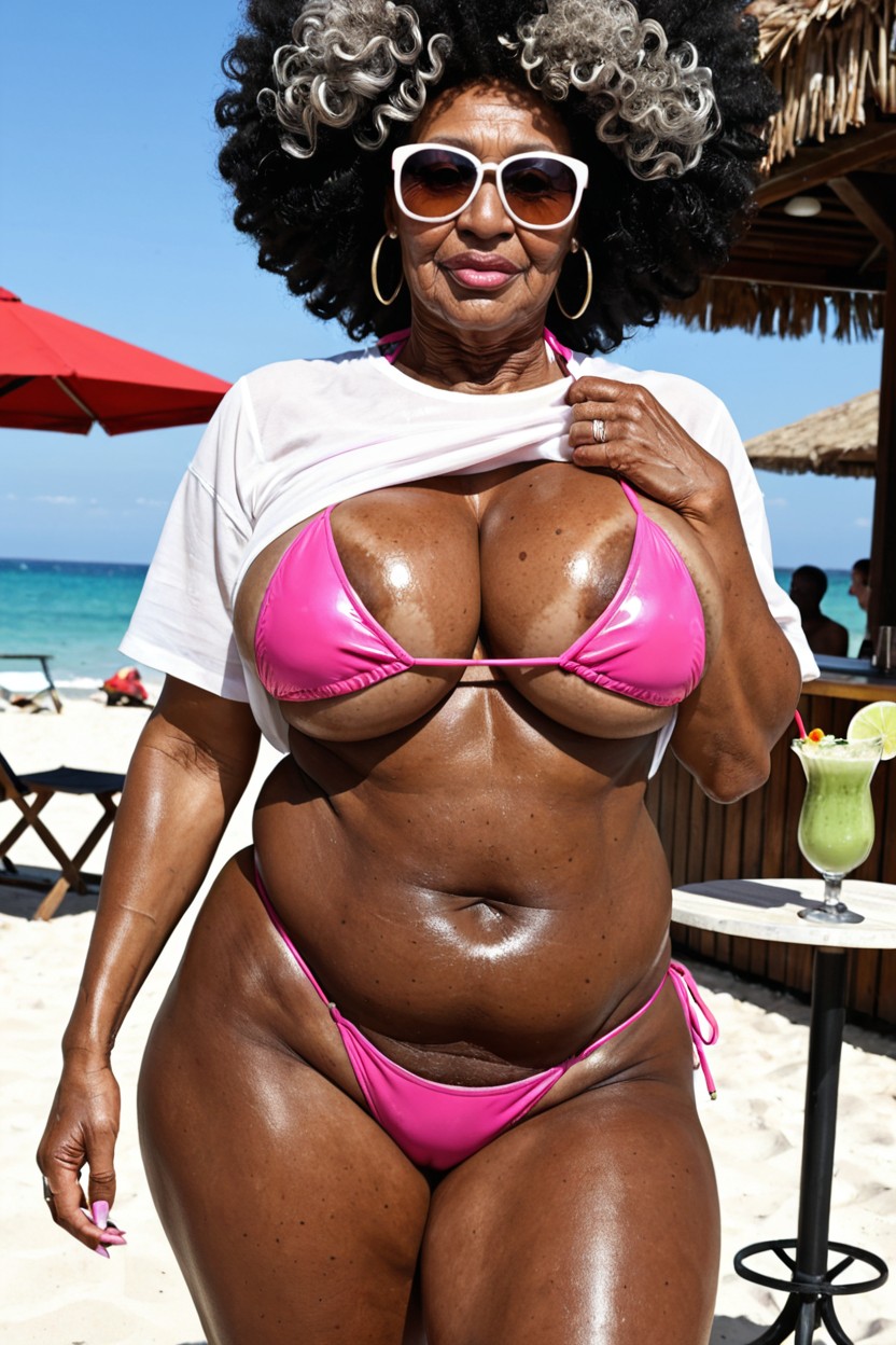 African, Extremely Large Ass, Shiny Pink Bikini Set Ebony AI Porn
