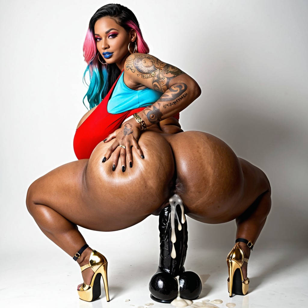 Ultra Detailed, Rückansicht, Gigantic Colossal Hyper Breasts Ebony KI Porno