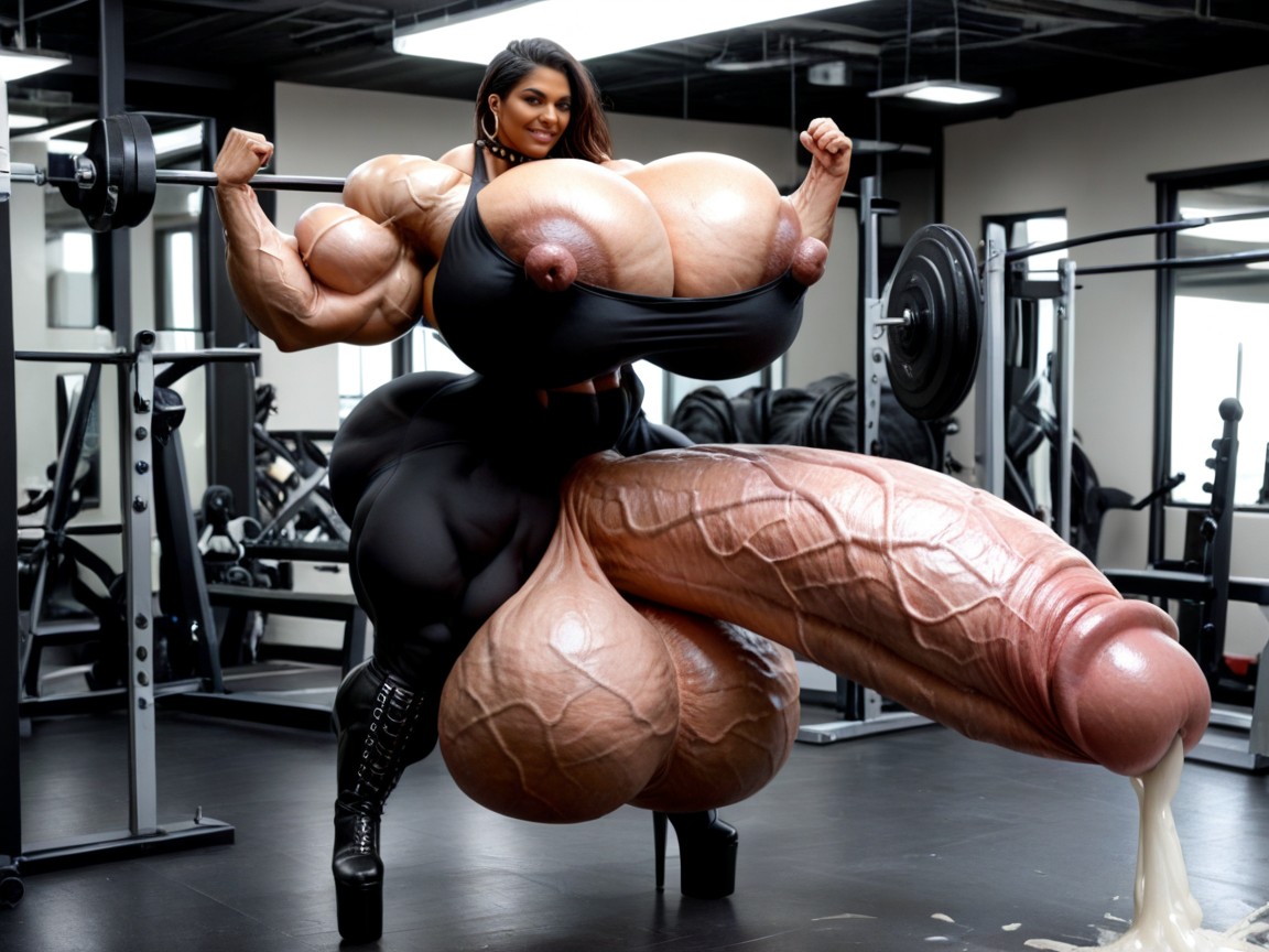 Standing, Hyper Huge Muscles, Breast Growing Ebony AI Porn
