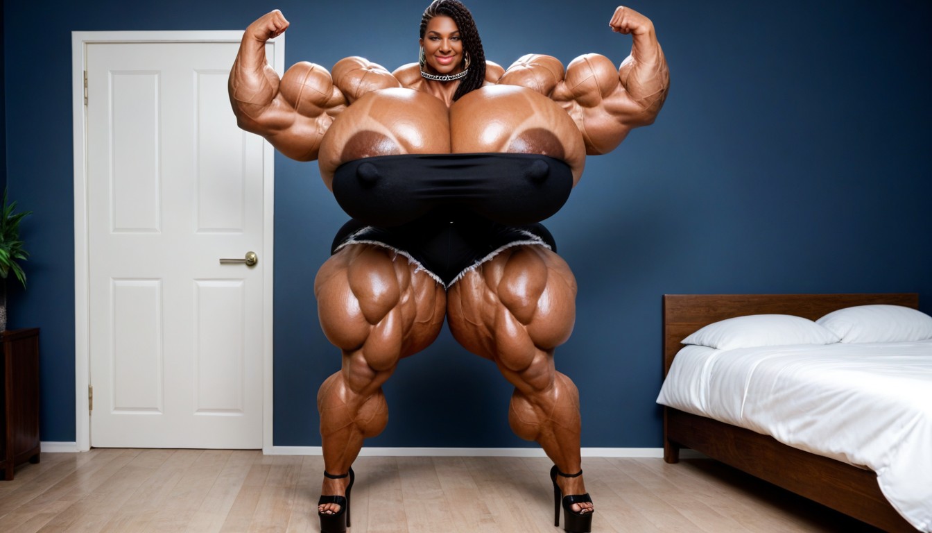 Very Smug Expression, Long Veins Hyper Massive Muscles Hyper Massive Thighs Gigic Huge Muscles Hyper Thick Muscles, Huge Breasts Porno IA Ebony