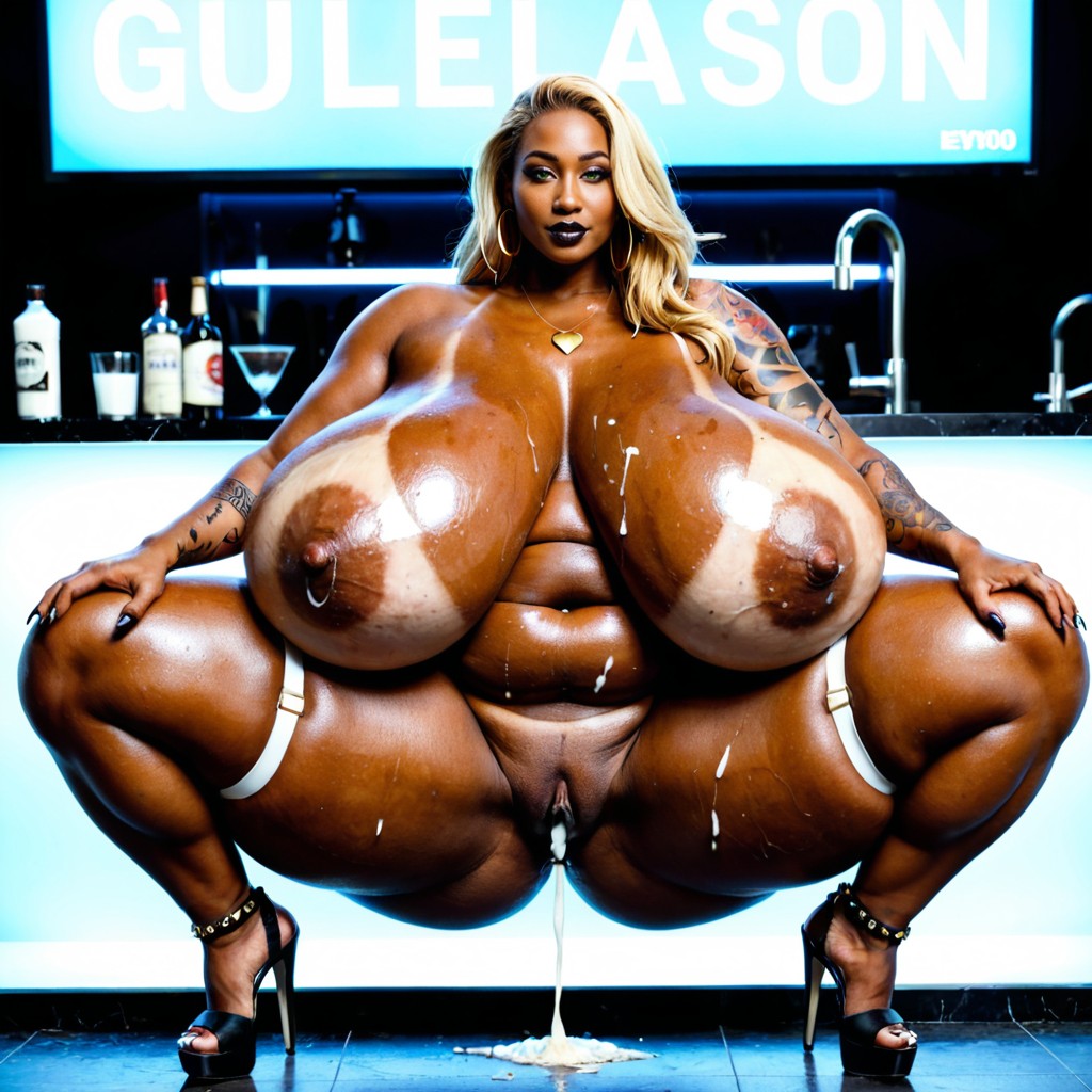 Clesr Glass Pleaser Heels, Gigantic Hyper Breasts, Massive Nipples Ebony AI Porn