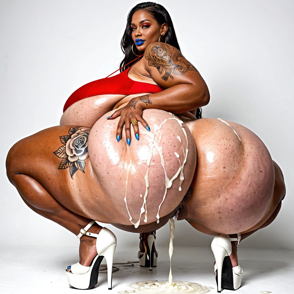 Completely Tattooed Full Body, Slutty Woman, White Pleaser Heels Ebony AI Porn