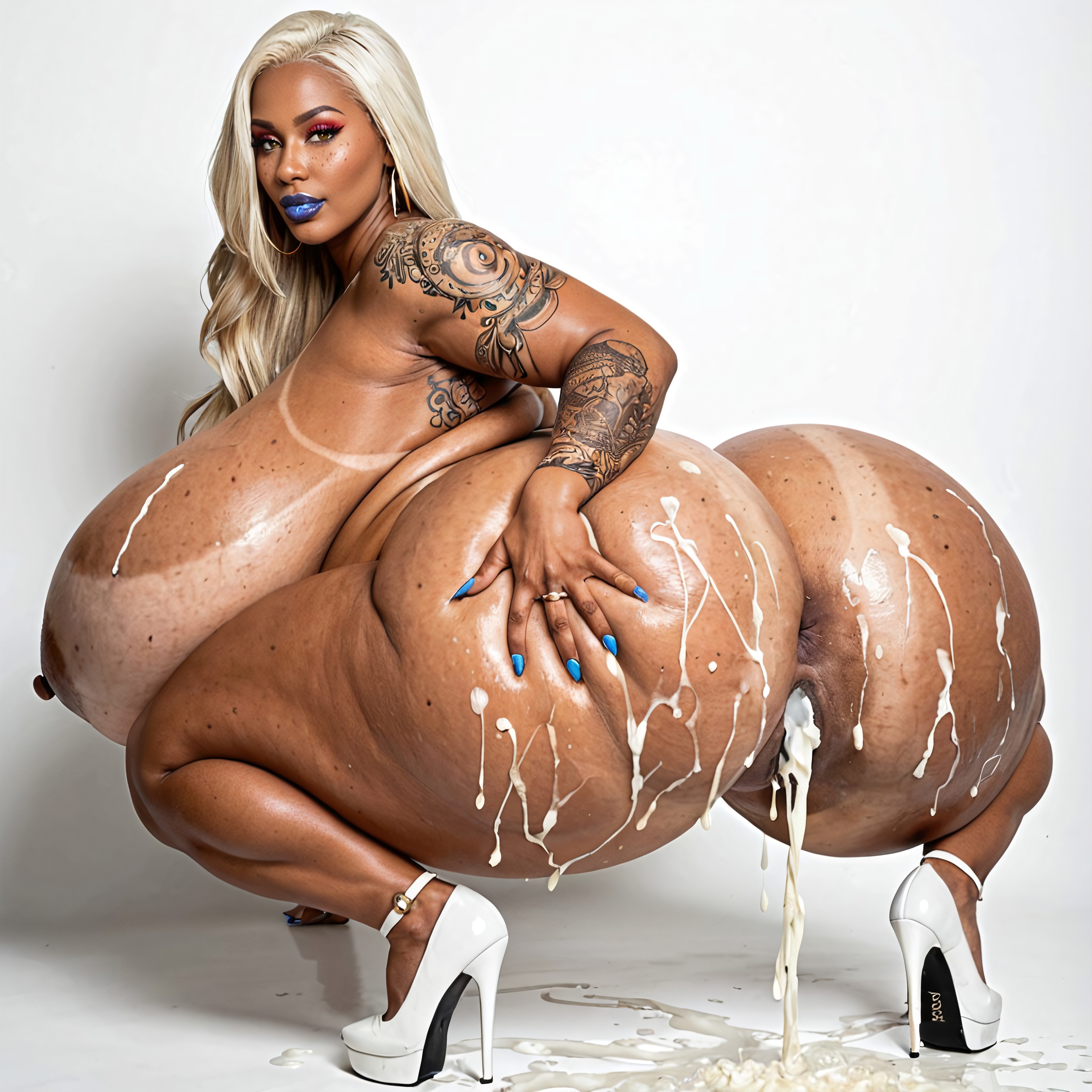 Exaggerated Gigantic Breasts, Freckles Everywhere, Hyper Cum Ebony AI Porn