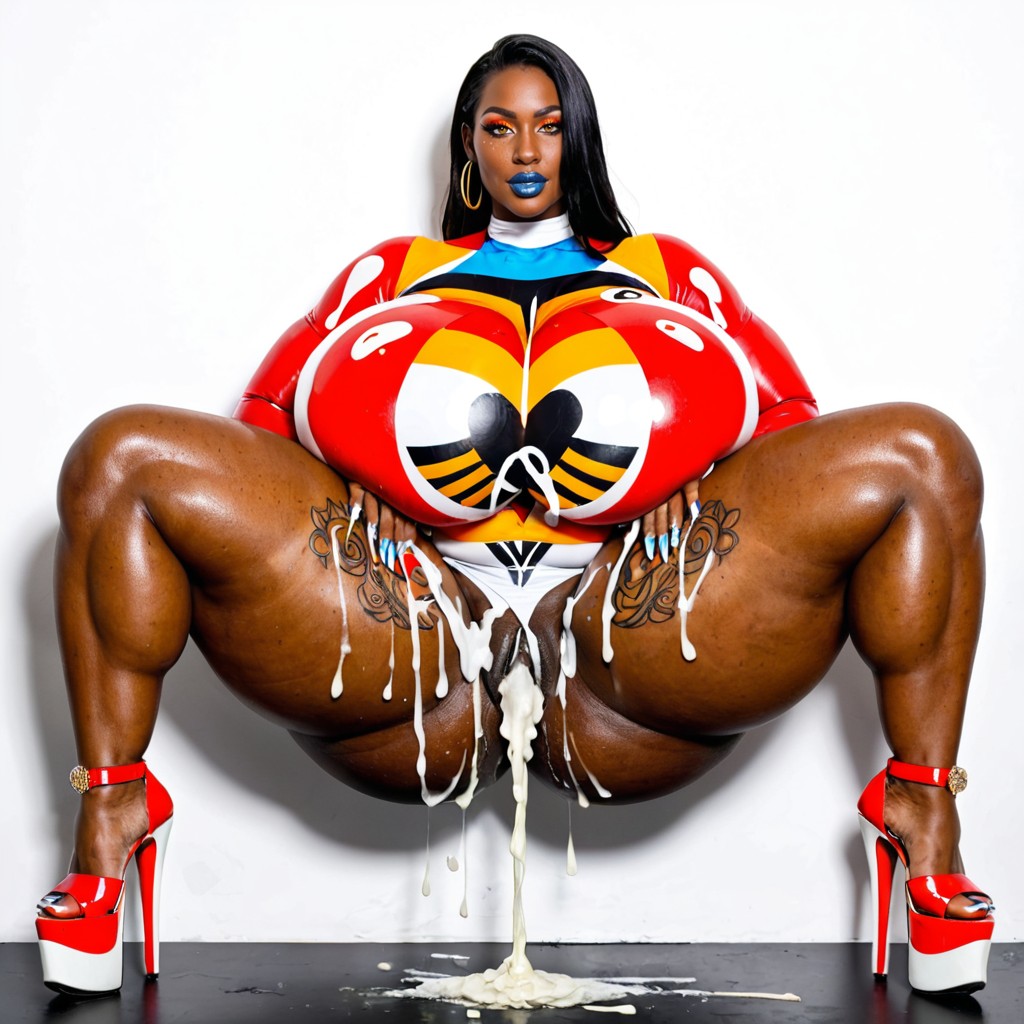 Ultra Fat Breasts, Cum Flooding, White Pleaser Heels Ebony AI Porn