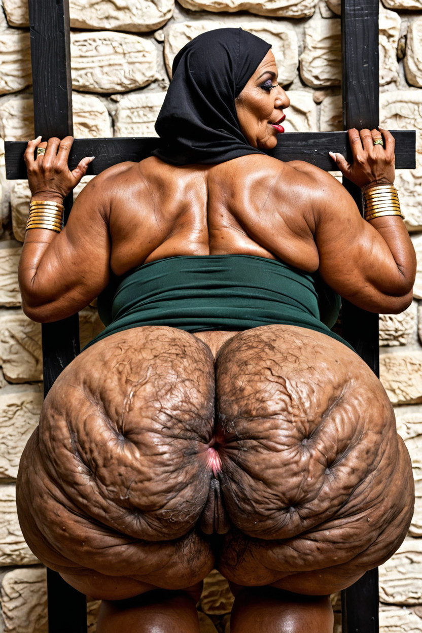 Hyper Bulging Ass, Wearing Hijab Printed Dark Green Dress, Both Are Pale Skinned Porno IA Ebony