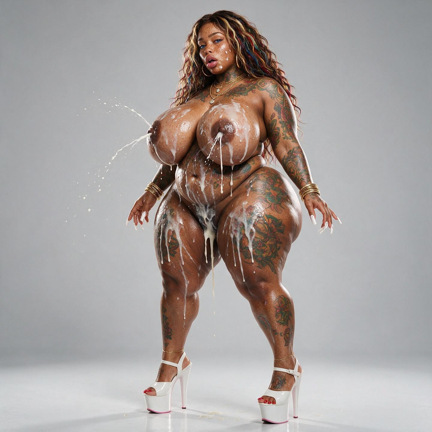 Hyper Milk, Dark Nipples, White Pleaser Heels Ebony AI Porn
